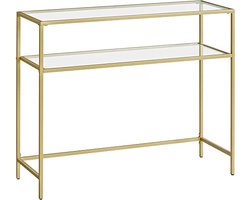 Gouden Console Tafel - Modern 2 Planken Gehard Glas met/Metalen Frame en Verstelbare Voeten
