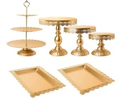Gouden Elegante Taart houder set 6 Stuks - Cake Houder- Kerstdecoratie- Dessert Kunstwerk Tafel - Feestdecoratie - Etagere- Hoogwaardig Materiaal- Lekkernijen Stralen in Stijl- Luxe Uitstraling Vleugje Glamour- Kanten Gesmolten Randen- Fraaie houders