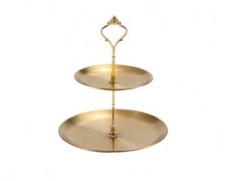 Gouden Etagère 2-Laags – Luxe Serveerschaal 22 cm Hoog – Ø20 & Ø14 cm – Metalen Taartplateau – Modern & Stijlvol