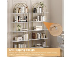Gouden gebogen plank- open boekenplank met 5 niveaus en metalen frame- vrijstaande displaystandaard voor slaapkamer- woonkamer of thuiskantoor-goud + wit marmer