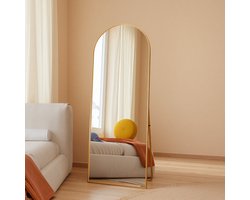 Gouden Gebogen Staande Spiegel 165×60 cm – Volledige Lichaamsspiegel met Gehard Glas & Aluminium Frame – Moderne Make-up & Slaapkamer Spiegel
