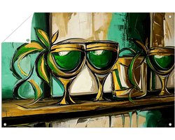 Gouden glazen en bladeren kunst - Stilleven tuindecoratie - Tuinschilderijen glazen - Art Deco - Tuin accessoires - Tuinposter voor schutting - tuinposter 105x70 cm