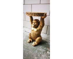 Gouden Gorilla Bijzettafel - Decoratief Beeld - 51 cm Hoog - Ø 30 cm - Polystone - Urban Jungle Eye-catcher
