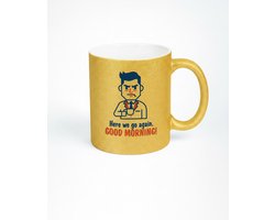 Gouden Koffiemok - Hier gaan we weer! Goedemorgen! Mok met Uniek Design