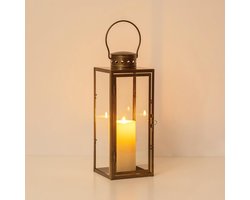 Gouden Lantaarn - Decoratief voor Binnen en Buiten - 1 stuk - Goudkleurig - Metaal en Glas - 13x13x35 cm
