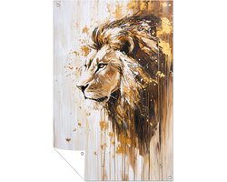 Gouden leeuw - Leeuw tuinposter - Tuinwanddecoratie dieren - Abstract expressionisme - Tuinaccessoires - Muurdecoratie - tuinposter 60x90 cm