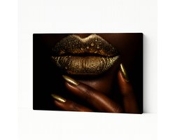 Gouden lippen - Goud - Zwart - Interieurdecoratie - Wanddecoratie kantoor - Decoratie woonkamer - Canvas schilderij 120x80 cm