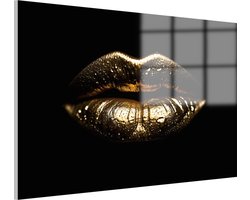 Gouden lippen met waterdruppels schilderij - Lippen wanddecoratie - Glasschilderij goud - Muurdecoratie woonkamer - Acrylglas schilderijen - Kantoor accessoires - 150 x 100 cm 5mm