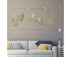 Gouden Muurdecoratieset - 3-delige Metalen Wanddecoratie voor Woonkamer, Slaapkamer en Kantoor