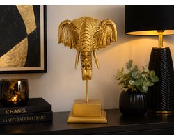 Gouden Olifantenhoofd Beeld op Voet – Luxe Decoratief Standbeeld 41,5 cm Hoog – Olifant Kop Sculptuur / Dierenbeeld / Ornament – Polyresin Woondecoratie voor Woonkamer, Dressoir, Hal, Kantoor, Sidetable, Vitrinekast & Hotel Chique Interieur