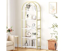 Gouden plank- 5-laags metalen boekenkast- 180 cm- met verstelbare poten- open plankenkast voor woonkamer- slaapkamer- wit marmer + goud