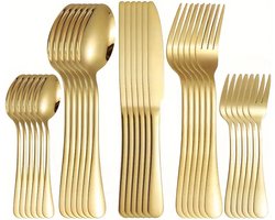 Gouden RVS 30-Delige bestek set - Inclusief Steakmessen, Diner Vorken, Lepels, Dessert Vorken, Theelepels - Duurzaam Bestek voor Thuis, Hotel & Restaurant