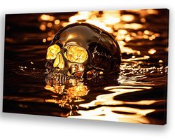 Gouden schedel in reflecterend water - Skull canvas schilderij - Wanddecoratie canvas water - Hyperrealisme - Wanddecoratie modern - Canvas schilderij woonkamer - Canvas 100x75 cm
