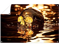 Gouden schedel in reflecterend water - Skull poster - Tuinschilderijen water - Hyperrealisme - Balkon decoratie - Tuinposters decoratie - Tuinposter 45x30 cm