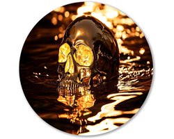 Gouden schedel in reflecterend water - Skull wanddecoratie rond - Wandschalen water - Hyperrealisme - Forex muurkunst rond - Mid-century modern schilderij - Muurcirkel forex 50x50 cm