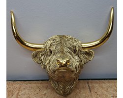 Gouden Schotse Hooglander Wanddecoratie - Polystone Beeld - 45x51x23 cm - Luxe Muurdecoratie Koe / Stier