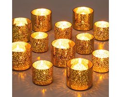 Gouden Theelichthouder Set van 12 - Mercury Glas Votief Kaarshouders voor Bruiloften en Feestelijke Decoratie