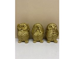 Gouden uilen " horen, zien & zwijgen" beeldjes - goud - set van 3 - 13 cm hoog - polyresin - decoratief