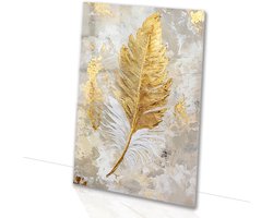 Gouden veer op abstracte achtergrond - Veer glasschilderij - Muurdecoratie natuur - Art Deco - Schilderij op acrylaat - Kunst op glas - acrylglas 40x60 cm