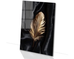 Gouden veer op donkere stof - Veer glasschilderij - Wanddecoratie object - Minimalisme - Plexiglas - Unieke glas schilderijen - acrylglas 70x105 cm