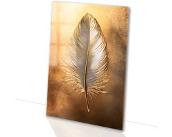 Gouden veer op luxe achtergrond - Veer schilderij op glas - Wanddecoratie natuur - Art Deco - Acrylglas schilderijen - Decoratie op glas - Glasschilderij 60x90 cm