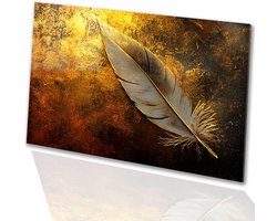 Gouden veer op luxueuze achtergrond - Veer glasschilderij - Schilderijen natuur - Art Deco - Kunst op acrylaat - Design schilderij plexiglas - Glasschilderij 60x40 cm