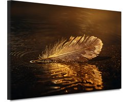 Gouden veer - Wanddecoratie - Natuur schilderij - Schilderijen canvas - Goud - Schilderij modern - Woonkamer schilderij - Slaapkamer accessoires - 120x80 cm