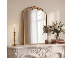 Gouden vintage spiegel, 76 x 48 cm, gewelfde antieke barokke spiegel voor muur, messing traditioneel, sierlijke muurdecoratie voor badkamer woonkamer open haard entree hal (76 x 48 cm)