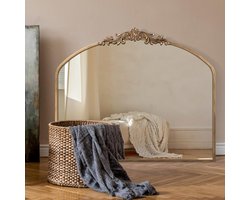 Gouden vintage spiegel, 91 x 76 cm, gewelfde antieke barokke spiegel voor muur, messing traditioneel, sierlijke muurdecoratie voor badkamer woonkamer open haard entree hal (91 x 76 cm)