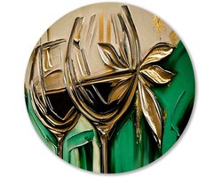 Gouden wijnglazen op groene achtergrond - Wijn wanddecoratie rond - Wandschalen glazen - Art Deco - Forex cirkels aan de muur - Barok schilderijen - muurcirkel forex 70x70 cm