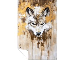Gouden wolf - Wolf posters - Tuinschilderijen dieren - Abstract expressionisme - Tuinposter UV-bestendig - Decoratieve tuinposter - tuinposter 60x90 cm