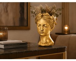 Goudkleurig Decoratief Beeld Vrouwenhoofd met Bladeren – Grote Buste Vaas / Bloempot – Luxe Plantenhouder & Sierobject – Klassiek Ornament voor Woonkamer, Dressoir, Hal of Sidetable – Gouden Woondecoratie – 21x32x20 cm