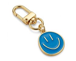 Goudkleurige smiley sleutelhanger metalen sleutelhanger dames en heren met blauw emaille smiley hanger en karabijnhaak, decoratieve keychain voor sleutels, tas en rugzak