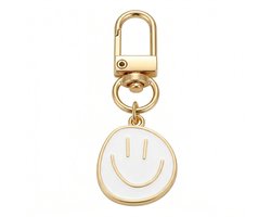 Goudkleurige smiley sleutelhanger metalen sleutelhanger dames en heren met witte emaille smiley hanger en karabijnhaak, decoratieve keychain voor sleutels, tas en rugzak