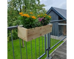 GoudmetHout® Balkon Plantenbak voor Buiten - 65cm - Houten Bloembak voor Balkonreling - Hangende Plantenrek - Balkonbak met Inzetbak en Beugels - Rechthoekig - Transparant Wash
