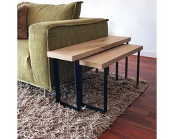 GoudmetHout® Bijzettafel Set Industrieel - 100 cm - Salontafel Woonkamer - Sidetable - Eikenhout Koffietafel - Bank Tafel met Mat Zwart Staal - Coffee Table