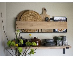 GoudmetHout Industrieel Tijdschriftenrek - Wandrek - Staal - Mat Zwart - Hout - Eiken - 86 cm