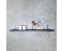 GoudmetHout Massief Eiken Wandplank - 60x25 cm - Zwart eiken - Industriële plankdragers L-vorm UP zonder coating - Staal - Zwarte wandplank