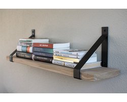 GoudmetHout® Wandplank Industrieel - 100 x 20 cm Muurplank - Eiken Hout - Decoratie Wandrek & Boekenrek - Hangplank Keuken - Wall Shelf + 2 Mat Zwarte Plankdragers van Staal