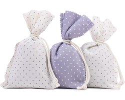 Gözze - 3 lavendelzakjes, lavendelgeurzakjes, kledingkast, lavendelbloemenvulling per zak, overtrek van 100% katoen, 10 x 15 cm, paars en wit met stippen