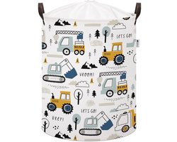 Graafmachine Speelgoedopbergmand - Katoenen Opbergbox met Trekkoord - Constructie Voertuigen Print - 43 Liter - 35x35x45 cm - Sipo - Kledingmand - Wasmand - Takelwagen