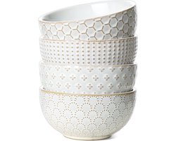 Graankommen set van 4, kom, 770 ml, 15 cm, extra grote keramische slakom voor muesli, soepen, soep, cornflakes, pap, aardewerk servies met reliëf in vintage stijl, arctisch wit