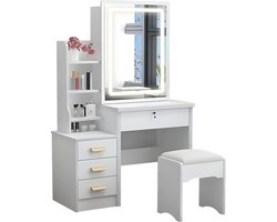 GrabAndGo Kaptafel met Spiegel en Verlichting - 130 x 80 cm - Inclusief Stoel - Extra Opslagruimte - Make-up Tafel met Spiegel