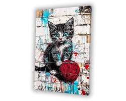 Graffiti kat met wol - Kat schilderijen canvas - Schilderij op canvas dieren - Street art - Woonkamer decoratie industrieel - Wanddecoratie - canvas 60x90 cm
