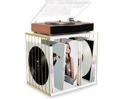 Grammofoonplaten Rek voor aan de Muur - Opslag voor 80 Vinyl Albums - 3 Compartimenten Messing & Hout - Ideaal voor Platenhoezen en Tijdschriften