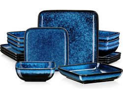 Gran Vida® - 16-Delig Serviesset - Modern Vierkant Design met Uniek Reactief Glazuur - Keramiek - Geschikt voor 4 Personen - Blauw