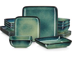 Gran Vida® - 16-Delig Serviesset - Modern Vierkant Design met Uniek Reactief Glazuur - Keramiek - Geschikt voor 4 Personen - Groen
