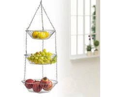 Gran Vida® - Hangende Fruitschaal - 3-laags Design - Ruimtebesparend - Zilveren Afwerking