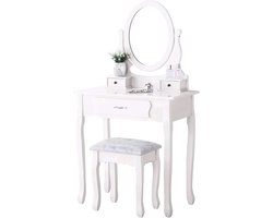 Gran Vida® - Kaptafel Set - Vintage Design - 360° Draaibare Spiegel - Inclusief Gestoffeerde Kruk - Wit - Voor Make-up en Sieraden