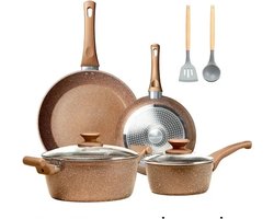 Gran Vida® - Pannensets - Anti-aanbaklaag - 8 Delig - Inclusief Glazen Deksel - Geschikt voor Alle Kookplaten - - en - Goud